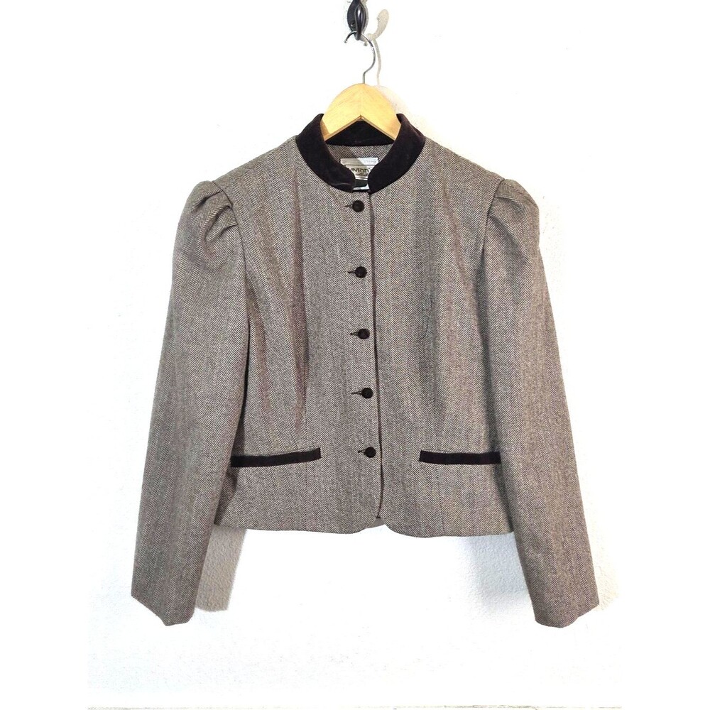 Vintage Vivian's Collection Herringbone Blazer Womens 9 Wool Blend Brown Velvet